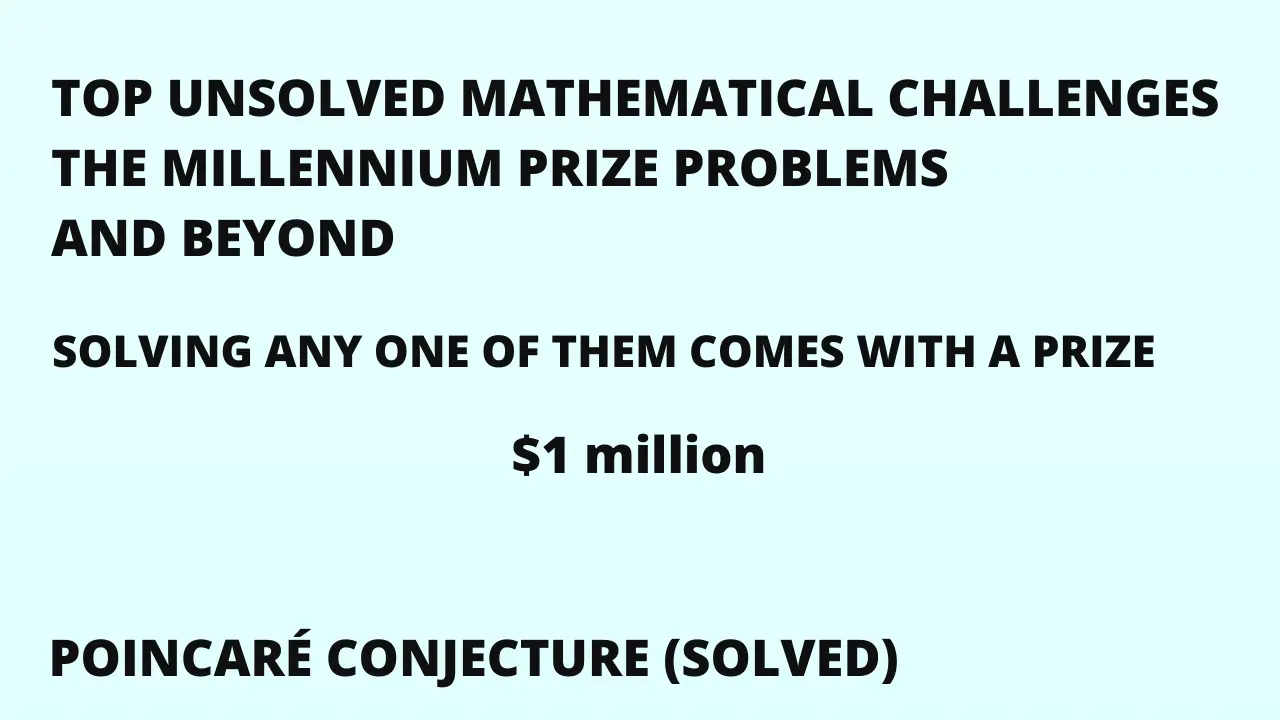 Top Unsolved Mathematical Challenges The Millennium Prize Problems and Beyond, Birch and Swinnerton-Dyer Conjecture Hodge Conjecture, Navier-Stokes Existence and Smoothness, P vs NP Problem, Poincaré Conjecture (Solved), Riemann Hypothesis, Yang-Mills Existence and Mass Gap